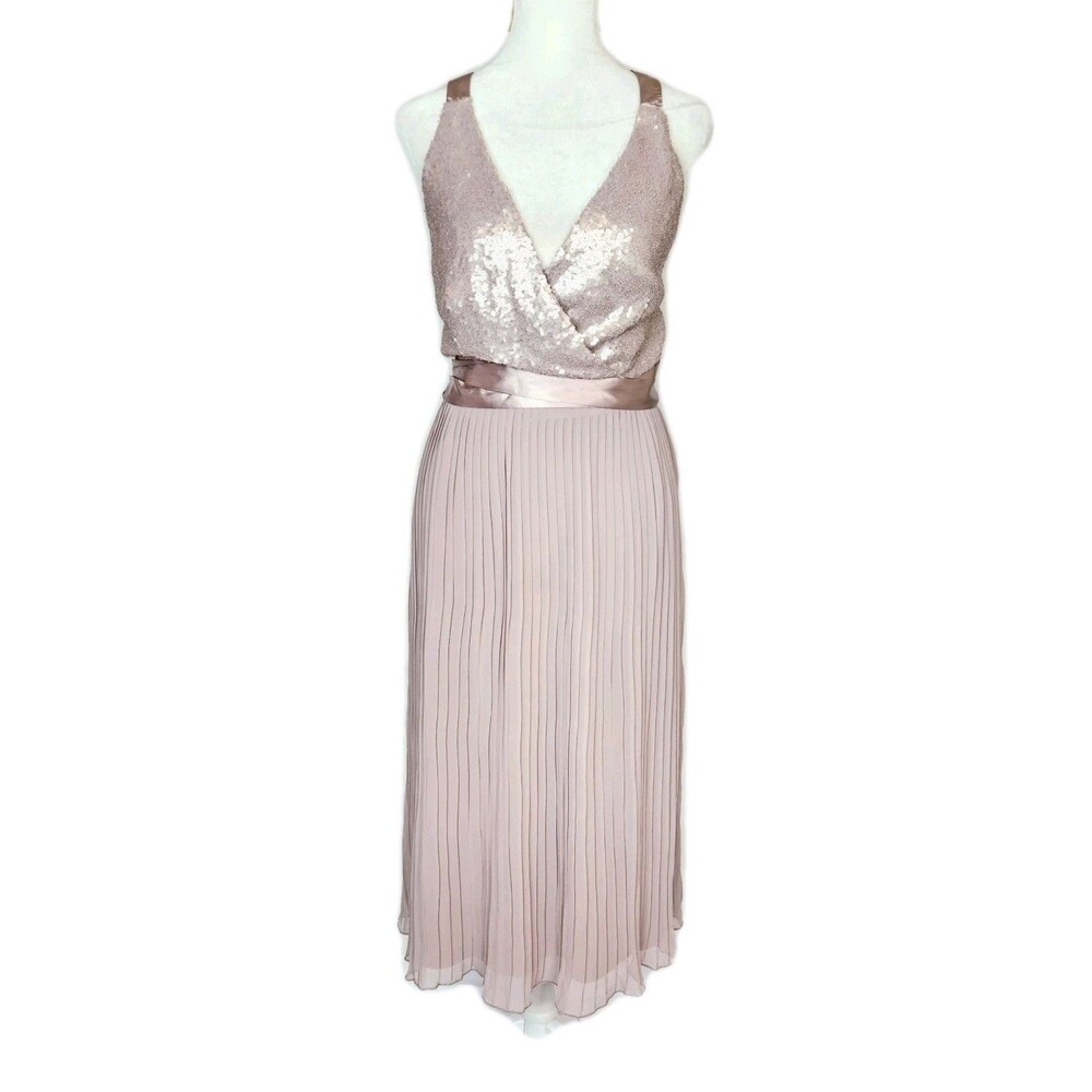 Little Mistress Pink Sequin Pleated Midi Dress Strappy Back US8/UK12 Balletcore